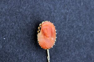 Timekeepersclayton 14K Gold Roman/Greek Female Bust Carved Coral Cameo Stick pin