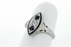 Timekeepersclayton 18K Gold Almond shaped Ring with Sapphires and Diamonds