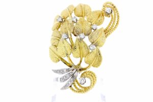 Timekeepersclayton 18K Yellow and White Gold Diamond Mulberry Leaves Brooch