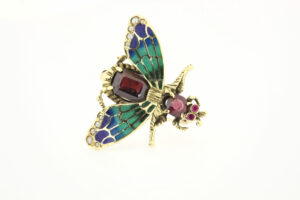 Timekeepersclayton 14K Yellow Gold Bee with Blue and Green Enamel Set with Garnets and Rubies