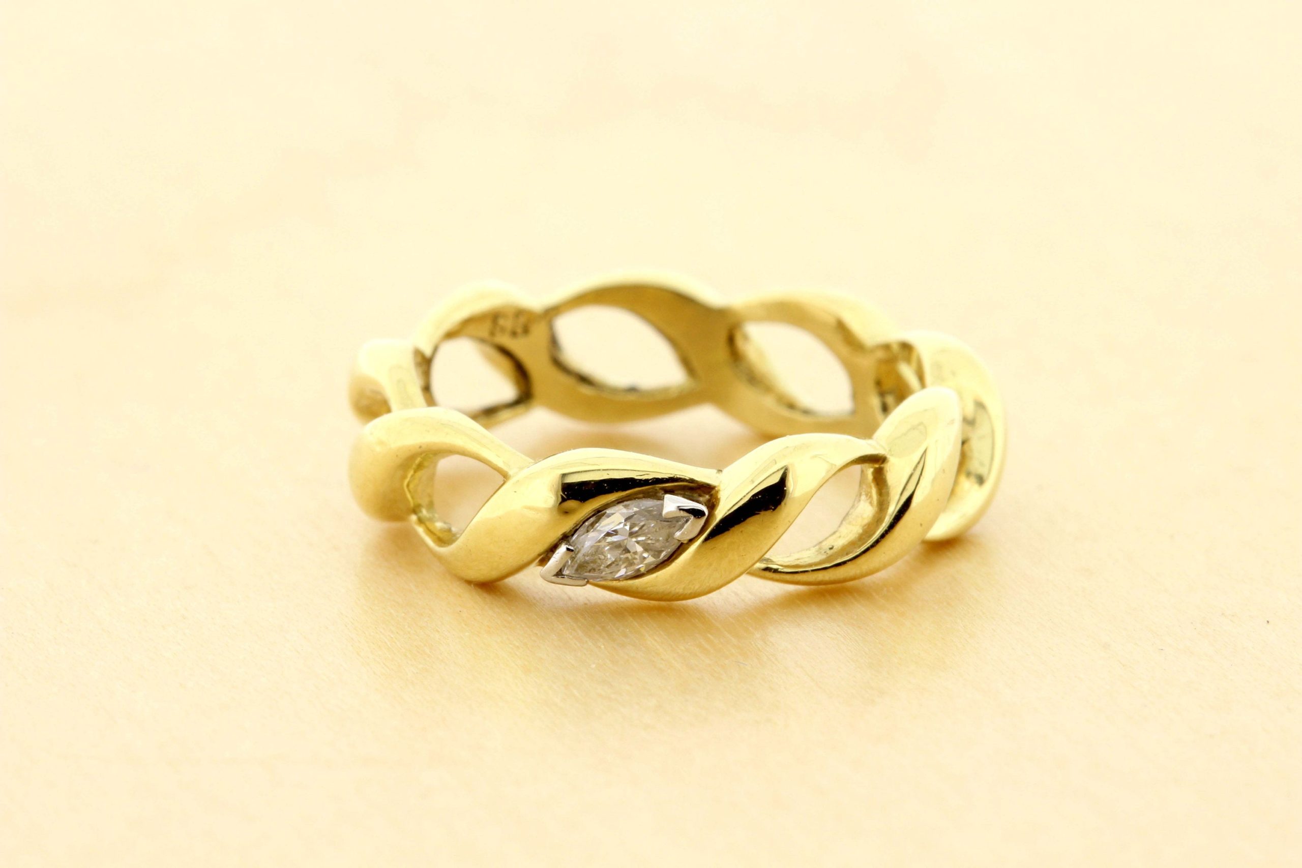 Woven 18K Yellow Gold Ring with Platinum Set .15ct Marquise Diamond ...